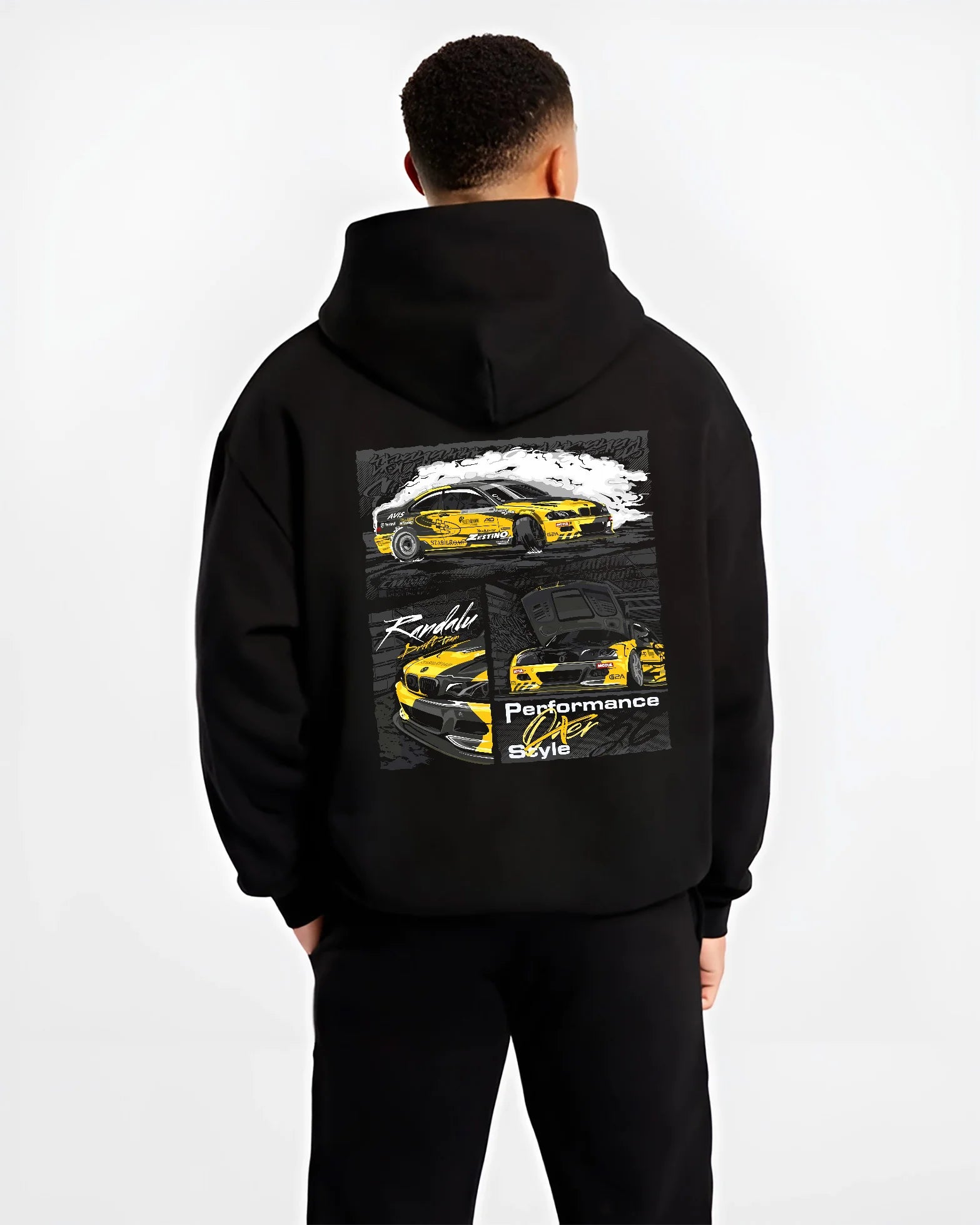 Black hoodie worn by a male model, back view, featuring BMW E46 rs racing drift motorsport jdm enthusiast graphic.