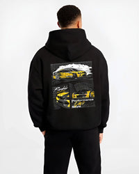 Black hoodie worn by a male model, back view, featuring BMW E46 rs racing drift motorsport jdm enthusiast graphic.