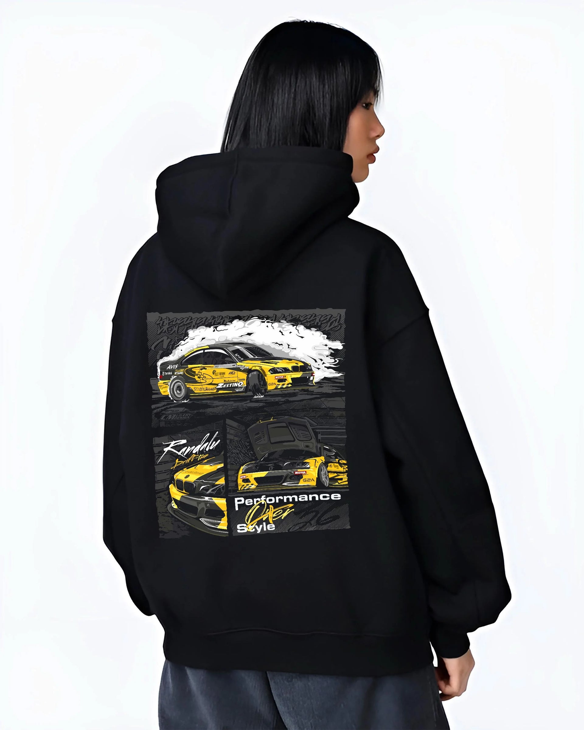 Black hoodie worn by a female model, back view, featuring BMW E46 rs racing drift motorsport jdm enthusiast graphic.