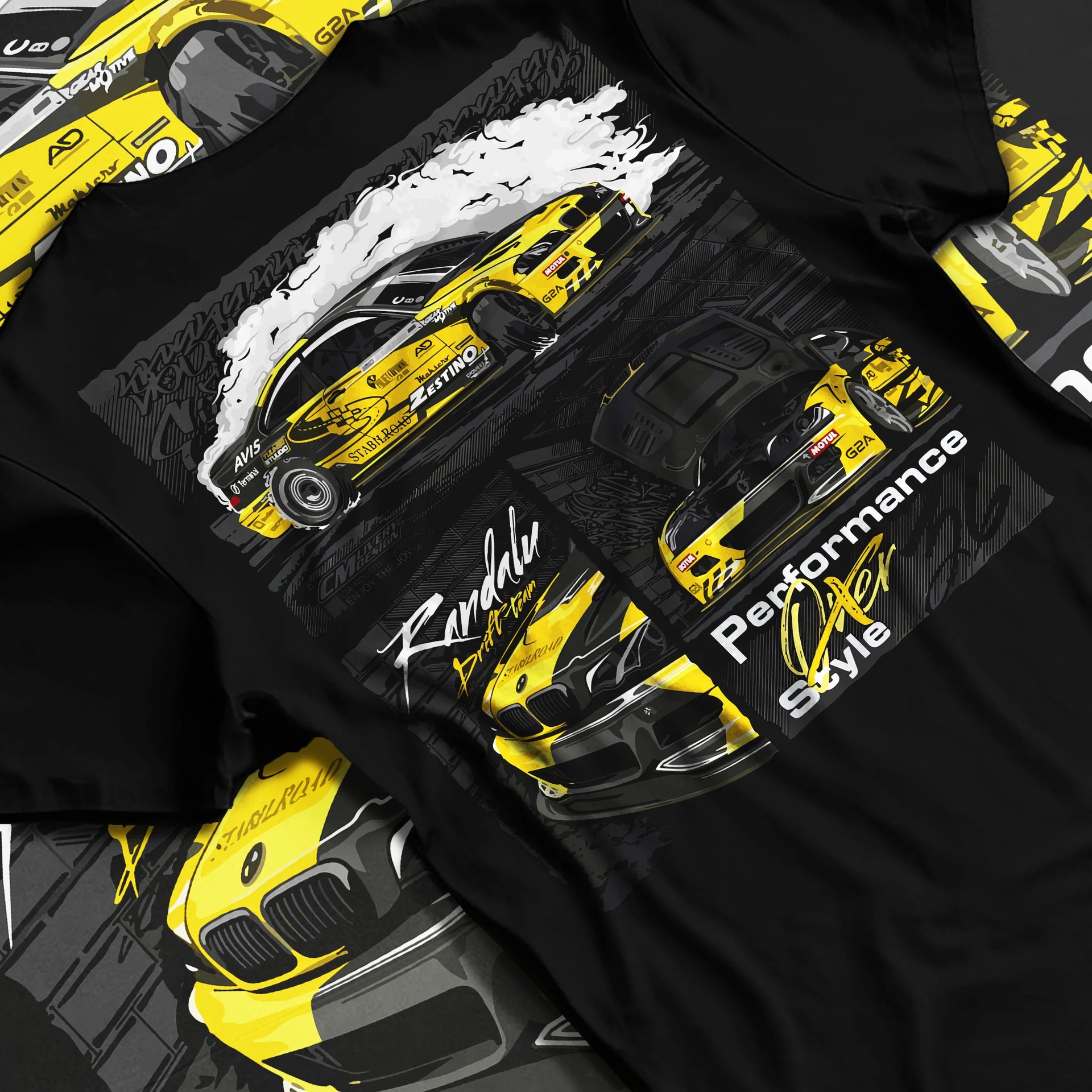 Black T-shirt laid flat with natural fabric folds, featuring BMW E46 rs racing drift motorsport jdm enthusiast graphic.