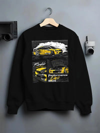 Black crewneck sweatshirt on a hanger against a grey wall, featuring BMW E46 rs racing drift motorsport jdm enthusiast graphic.