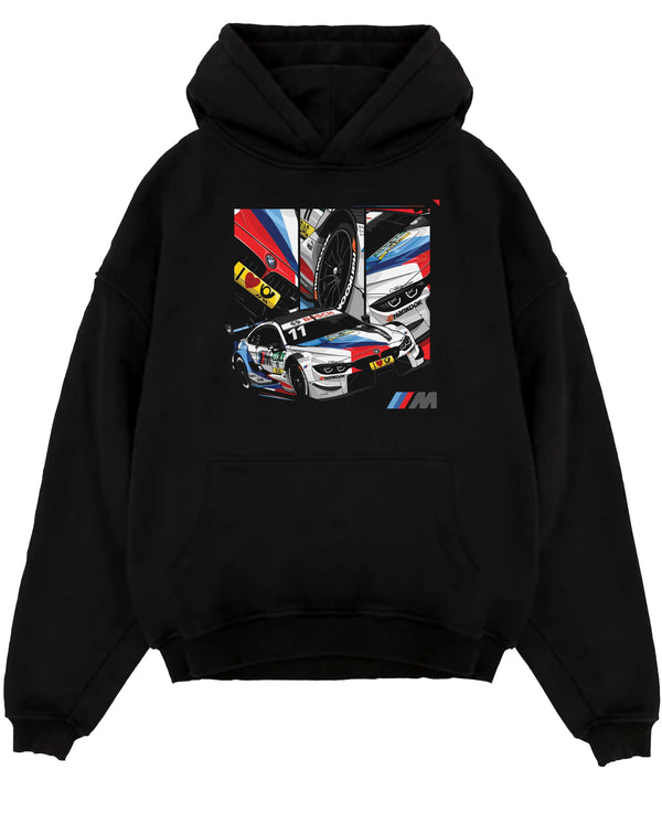 Black pullover hoodie laid flat on a white background, featuring BMW M4 rs racing motorsport street performance automotive graphic.