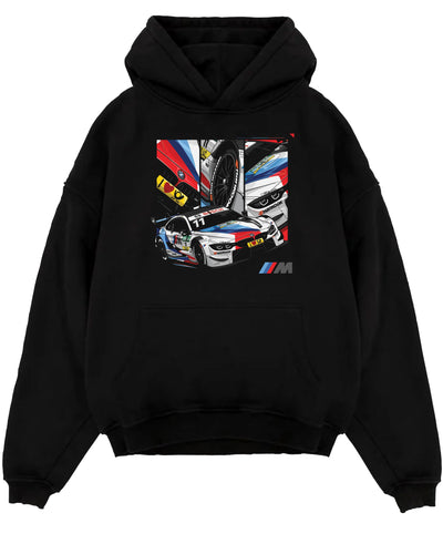 Black pullover hoodie laid flat on a white background, featuring BMW M4 rs racing motorsport street performance automotive graphic.