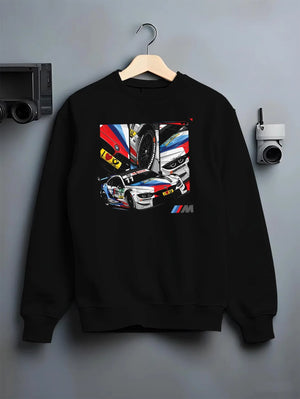 Black crewneck sweatshirt on a hanger against a grey wall, featuring BMW M4 rs racing motorsport street performance graphic.