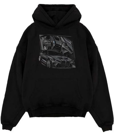 Black pullover hoodie laid flat on a white background, featuring BMW M4 german tuner street racing performance motorsport graphic.