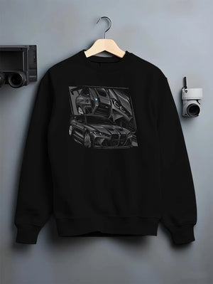 Black crewneck sweatshirt on a hanger against a grey wall, featuring BMW M4 german tuner street racing performance graphic.