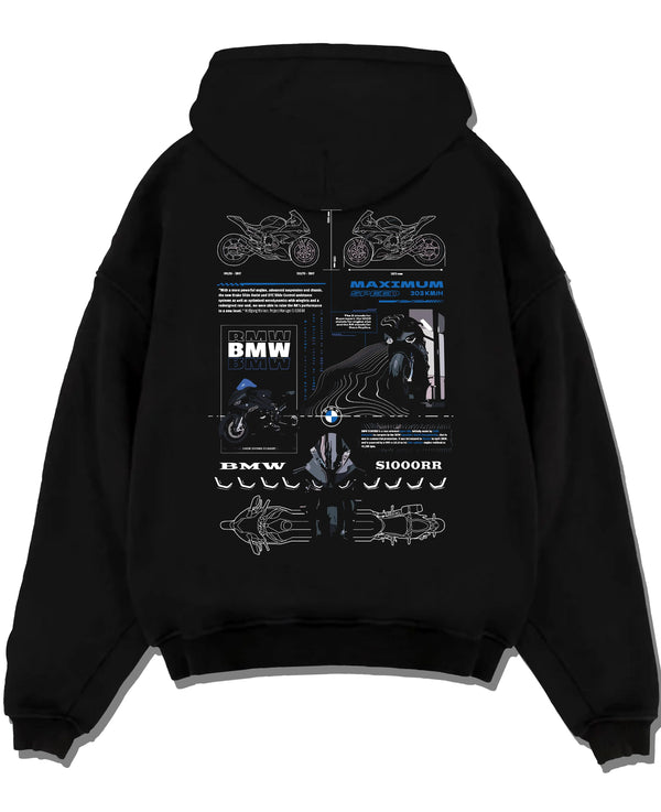 Black pullover hoodie laid flat on a white background, featuring BMW S1000RR racing drift german street speed performance graphic.