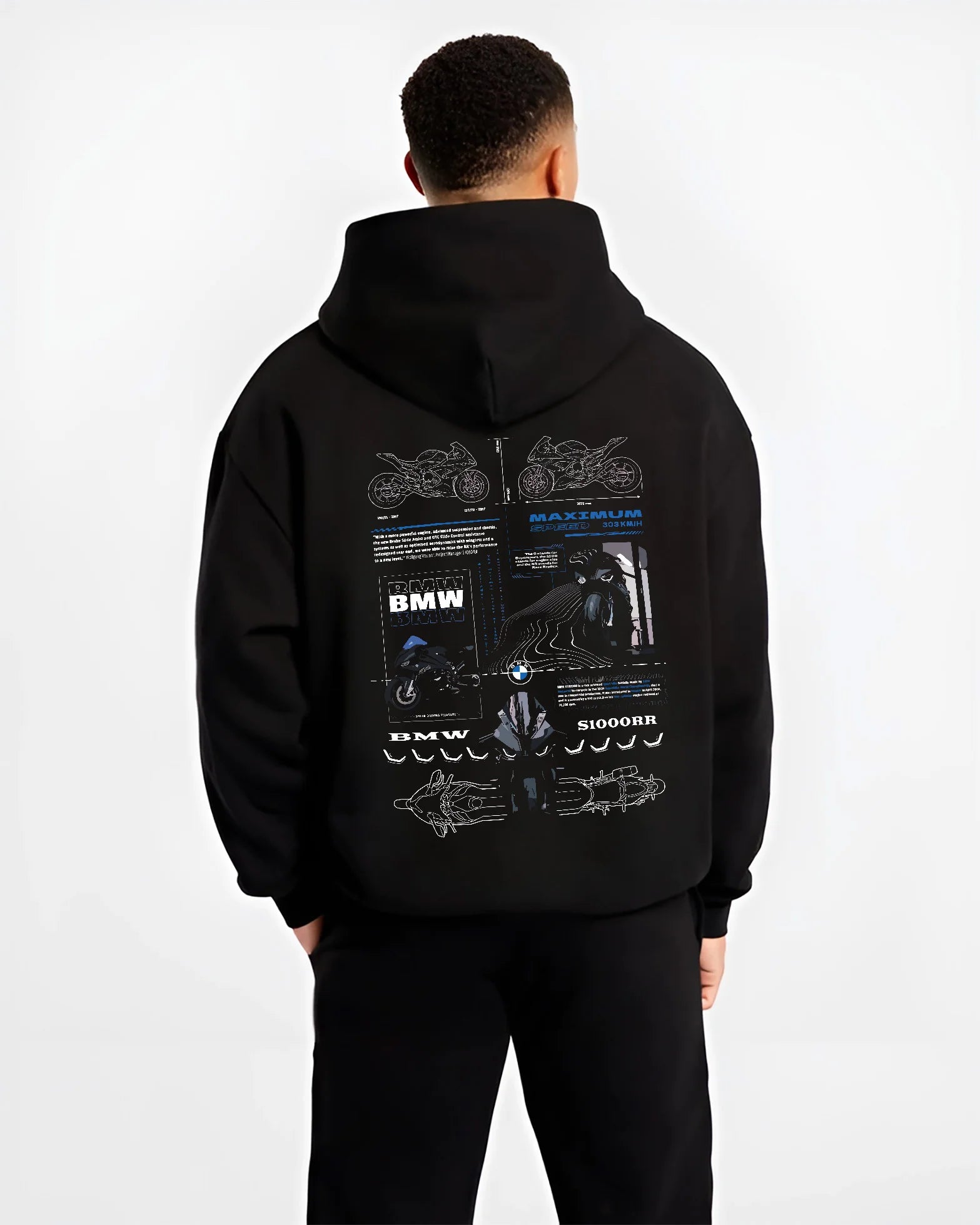Black hoodie worn by a male model, back view, featuring BMW S1000RR racing drift german street speed performance graphic.