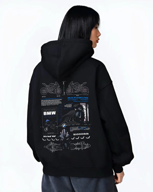 Black hoodie worn by a female model, back view, featuring BMW S1000RR racing drift german street speed performance graphic.