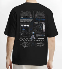 Black T-shirt worn by a male model, back view, featuring BMW S1000RR racing drift german street speed performance graphic.