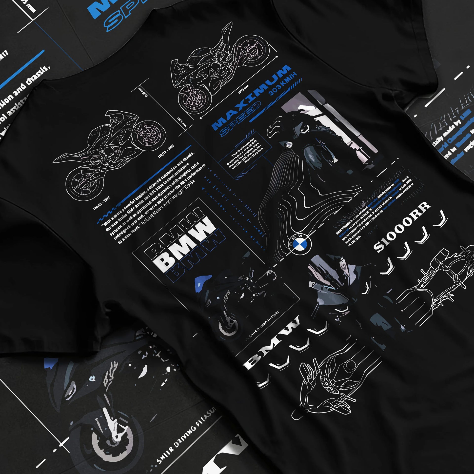 Black T-shirt laid flat with natural fabric folds, featuring BMW S1000RR racing drift german street speed performance graphic.