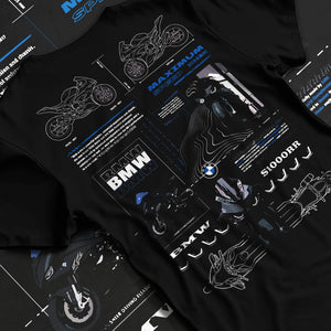 Black T-shirt laid flat with natural fabric folds, featuring BMW S1000RR racing drift german street speed performance graphic.