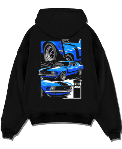 Black pullover hoodie laid flat on a white background, featuring Ford Mustang Boss 302 boss 302 mustang muscle classic graphic.