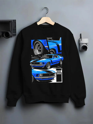 Black crewneck sweatshirt on a hanger against a grey wall, featuring Ford Mustang Boss 302 boss 302 mustang muscle classic graphic.