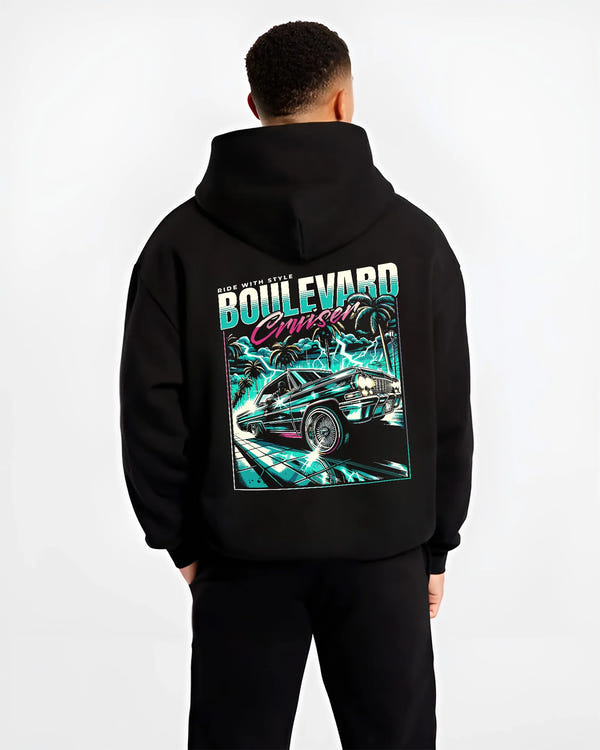 Black hoodie worn by a male model, back view, featuring street racing performance motorsport automotive enthusiast power graphic.