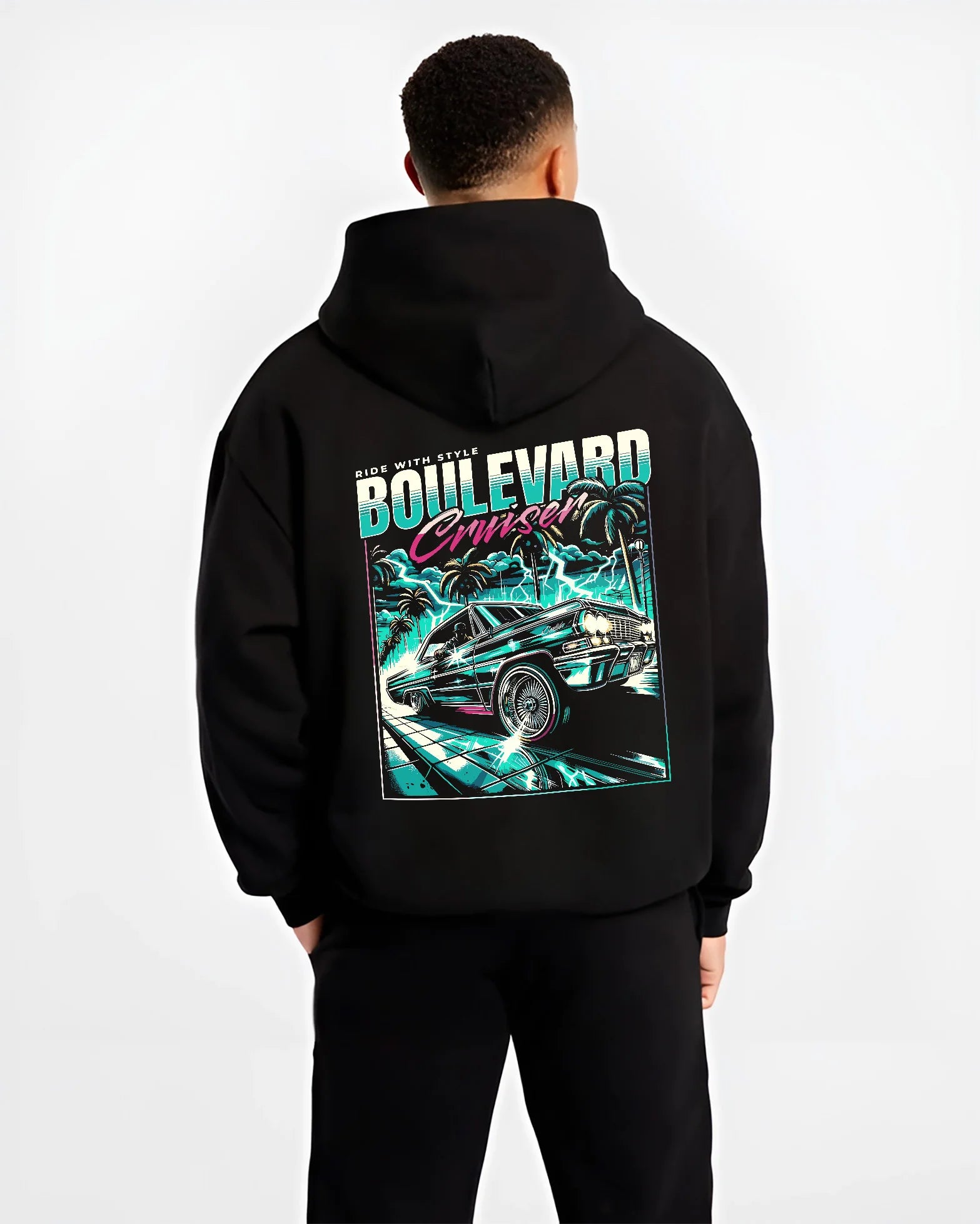 Black hoodie worn by a male model, back view, featuring street racing performance motorsport automotive enthusiast power graphic.