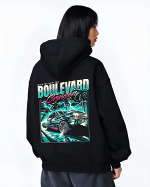 Black hoodie worn by a female model, back view, featuring street racing performance motorsport automotive enthusiast power graphic.