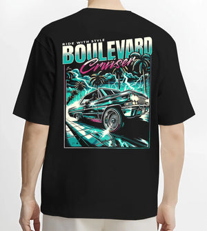 Black T-shirt worn by a male model, back view, featuring street racing performance motorsport automotive enthusiast power graphic.