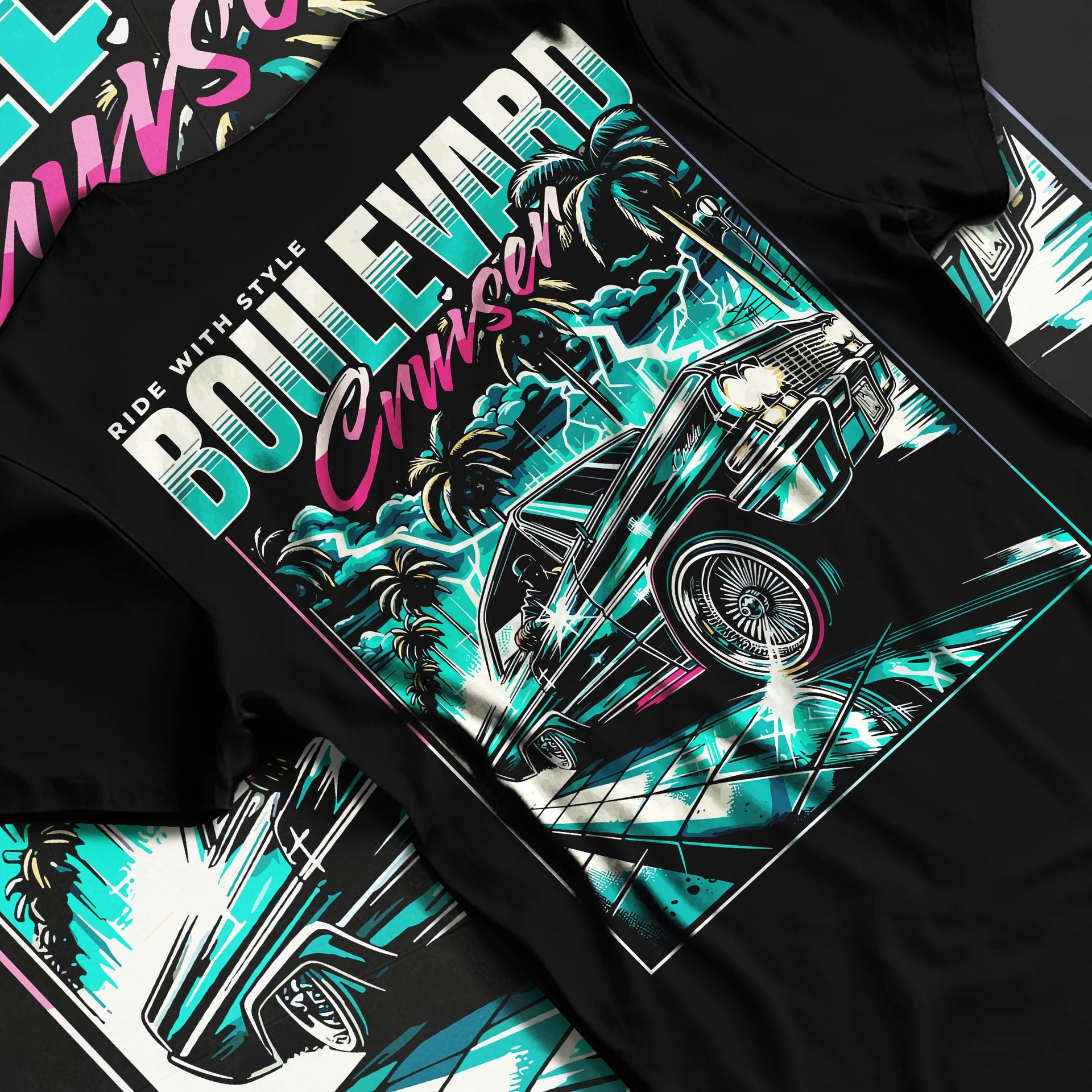 Black T-shirt laid flat with natural fabric folds, featuring street racing performance motorsport automotive enthusiast graphic.