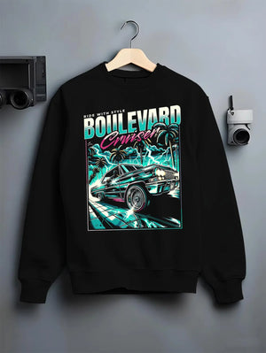 Black crewneck sweatshirt on a hanger against a grey wall, featuring street racing performance motorsport automotive graphic.