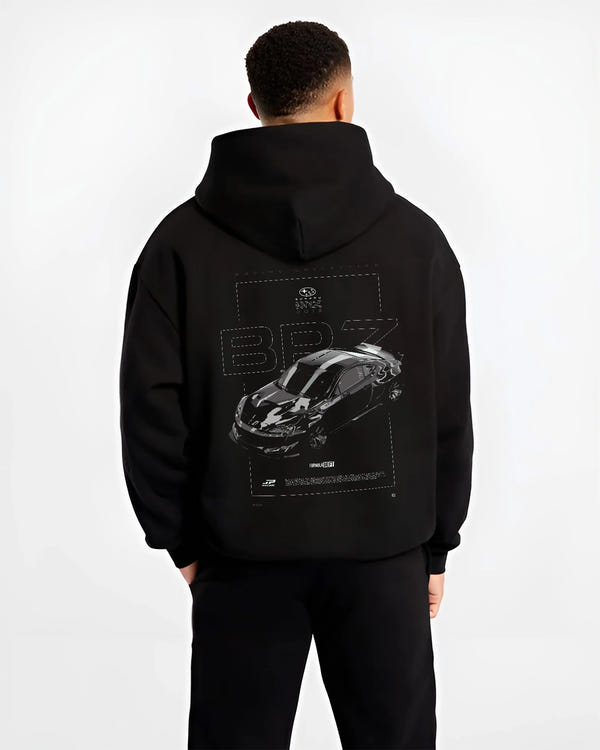 Black hoodie worn by a male model, back view, featuring Subaru BRZ rs racing drift formula motorsport jdm street graphic.