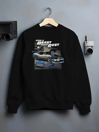 Black crewneck sweatshirt on a hanger against a grey wall, featuring racing tuner street retro beast performance motorsport graphic.