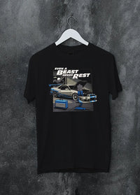 Black crewneck T-shirt on a hanger against a grey wall, featuring racing tuner street retro beast performance motorsport graphic.