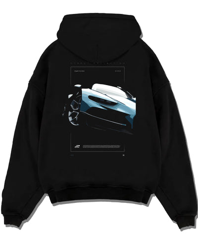 Black pullover hoodie laid flat on a white background, featuring Bugatti racing speed street performance motorsport graphic.