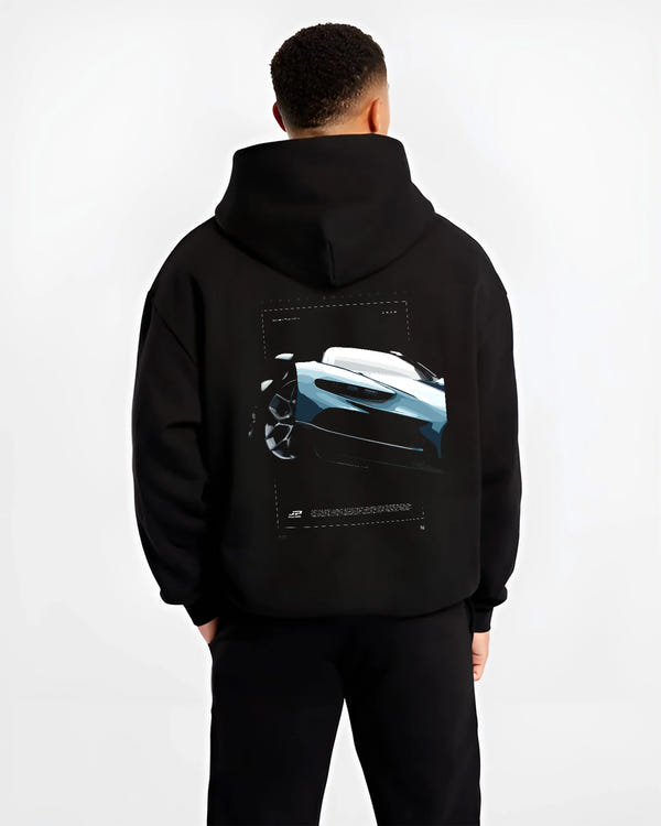 Black hoodie worn by a male model, back view, featuring Bugatti racing speed street performance motorsport automotive graphic.