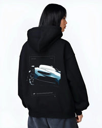 Black hoodie worn by a female model, back view, featuring Bugatti racing speed street performance motorsport automotive graphic.