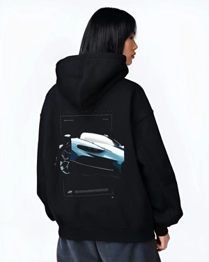 Black hoodie worn by a female model, back view, featuring Bugatti racing speed street performance motorsport automotive graphic.