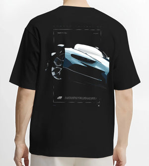 Black T-shirt worn by a male model, back view, featuring Bugatti racing speed street performance motorsport automotive graphic.