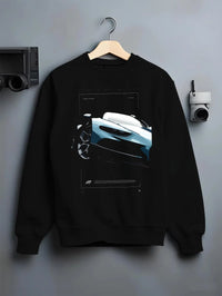 Black crewneck sweatshirt on a hanger against a grey wall, featuring Bugatti racing speed street performance motorsport graphic.