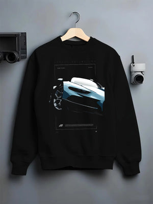 Black crewneck sweatshirt on a hanger against a grey wall, featuring Bugatti racing speed street performance motorsport graphic.