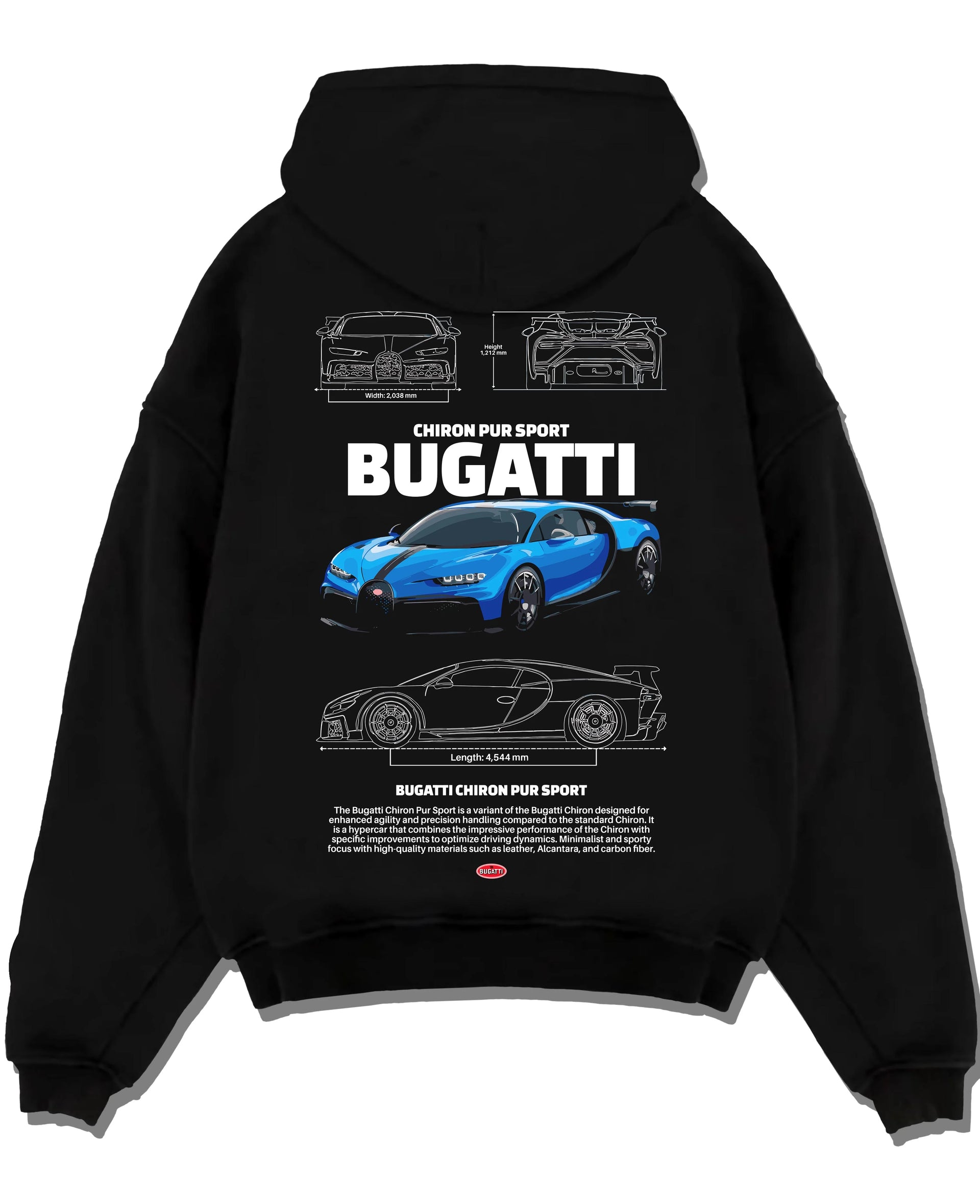 Black pullover hoodie laid flat on a white background, featuring Bugatti iconic speed racing street performance motorsport graphic.