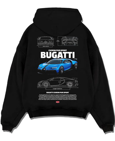 Black pullover hoodie laid flat on a white background, featuring Bugatti iconic speed racing street performance motorsport graphic.