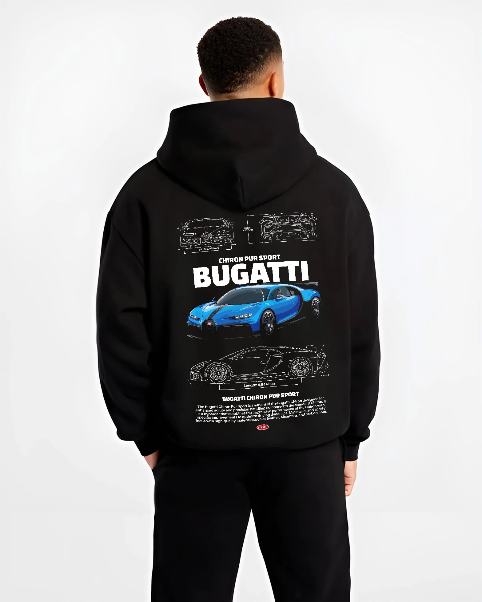 Black hoodie worn by a male model, back view, featuring Bugatti iconic speed racing street performance motorsport graphic.