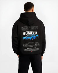 Black hoodie worn by a male model, back view, featuring Bugatti iconic speed racing street performance motorsport graphic.