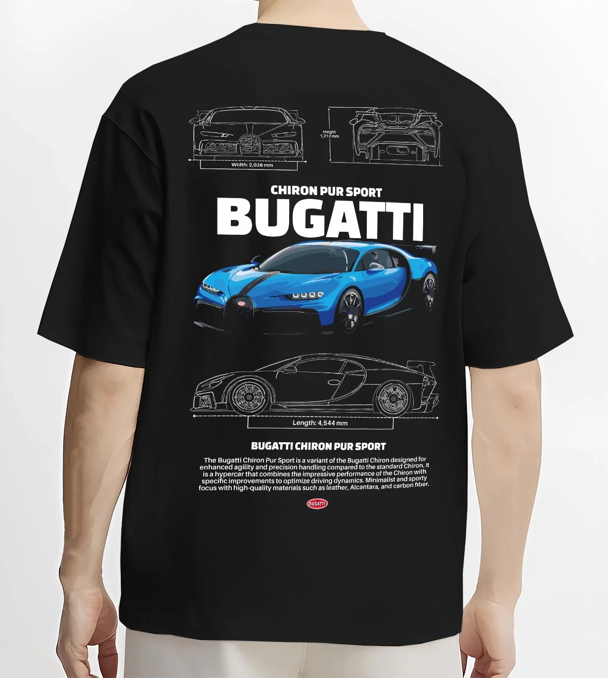 Black T-shirt worn by a male model, back view, featuring Bugatti iconic speed racing street performance motorsport graphic.