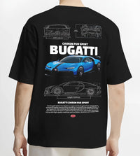 Black T-shirt worn by a male model, back view, featuring Bugatti iconic speed racing street performance motorsport graphic.