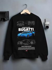 Black crewneck sweatshirt on a hanger against a grey wall, featuring Bugatti iconic speed racing street performance graphic.