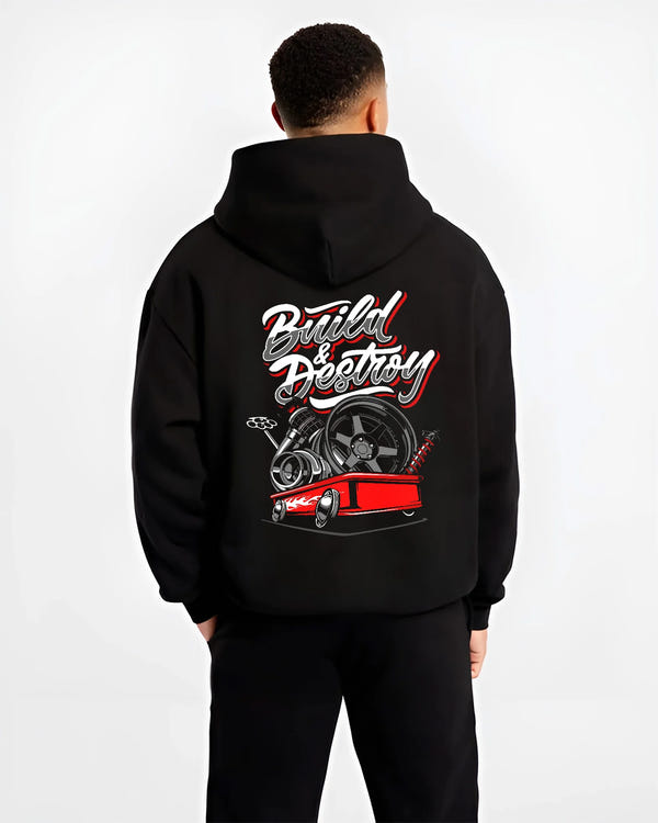 Black hoodie worn by a male model, back view, featuring racing street performance motorsport automotive enthusiast power graphic.