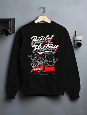Black crewneck sweatshirt on a hanger against a grey wall, featuring racing street performance motorsport automotive graphic.