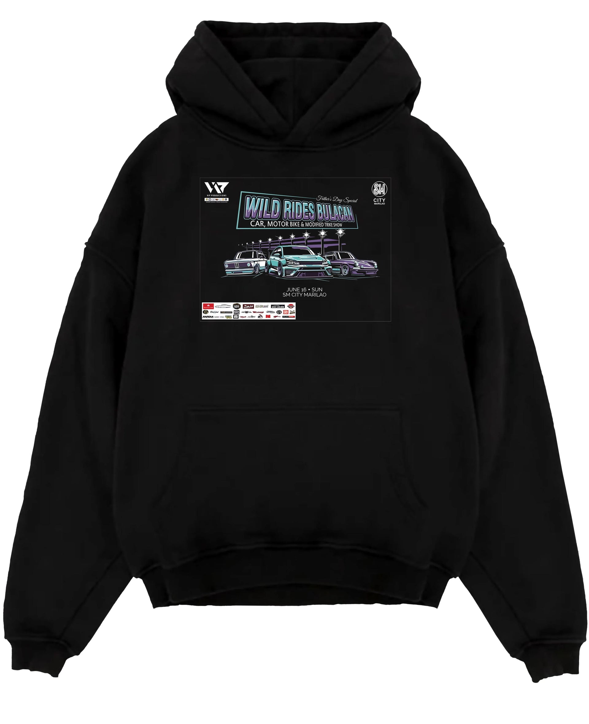 Black pullover hoodie laid flat on a white background, featuring racing tuner street show performance motorsport automotive graphic.