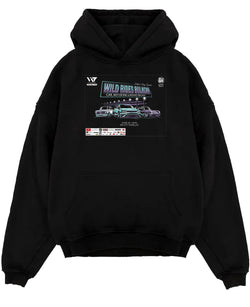 Black pullover hoodie laid flat on a white background, featuring racing tuner street show performance motorsport automotive graphic.