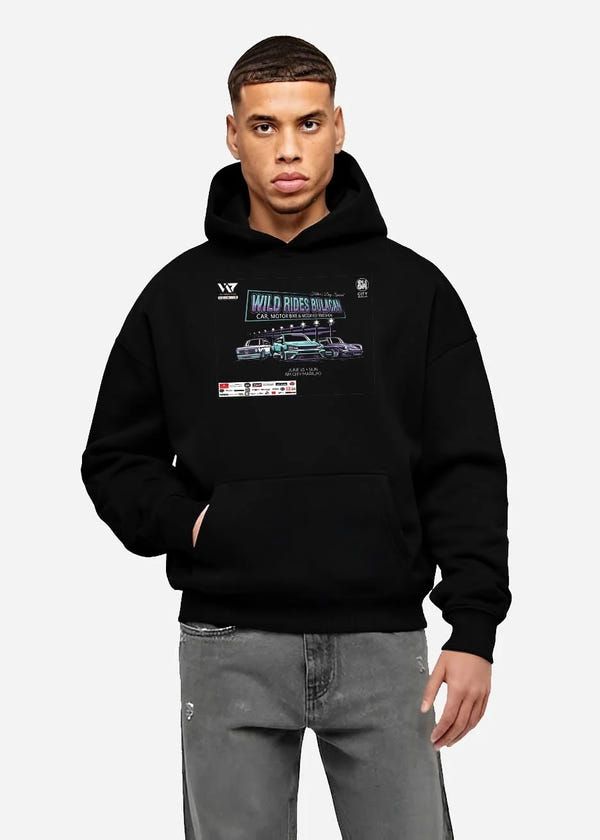 Black hoodie worn by a male model, front view, featuring racing tuner street show performance motorsport automotive graphic.
