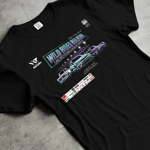 Black T-shirt laid flat with natural fabric folds, featuring racing tuner street show performance motorsport automotive graphic.