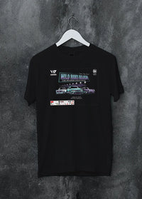 Black crewneck T-shirt on a hanger against a grey wall, featuring racing tuner street show performance motorsport graphic.