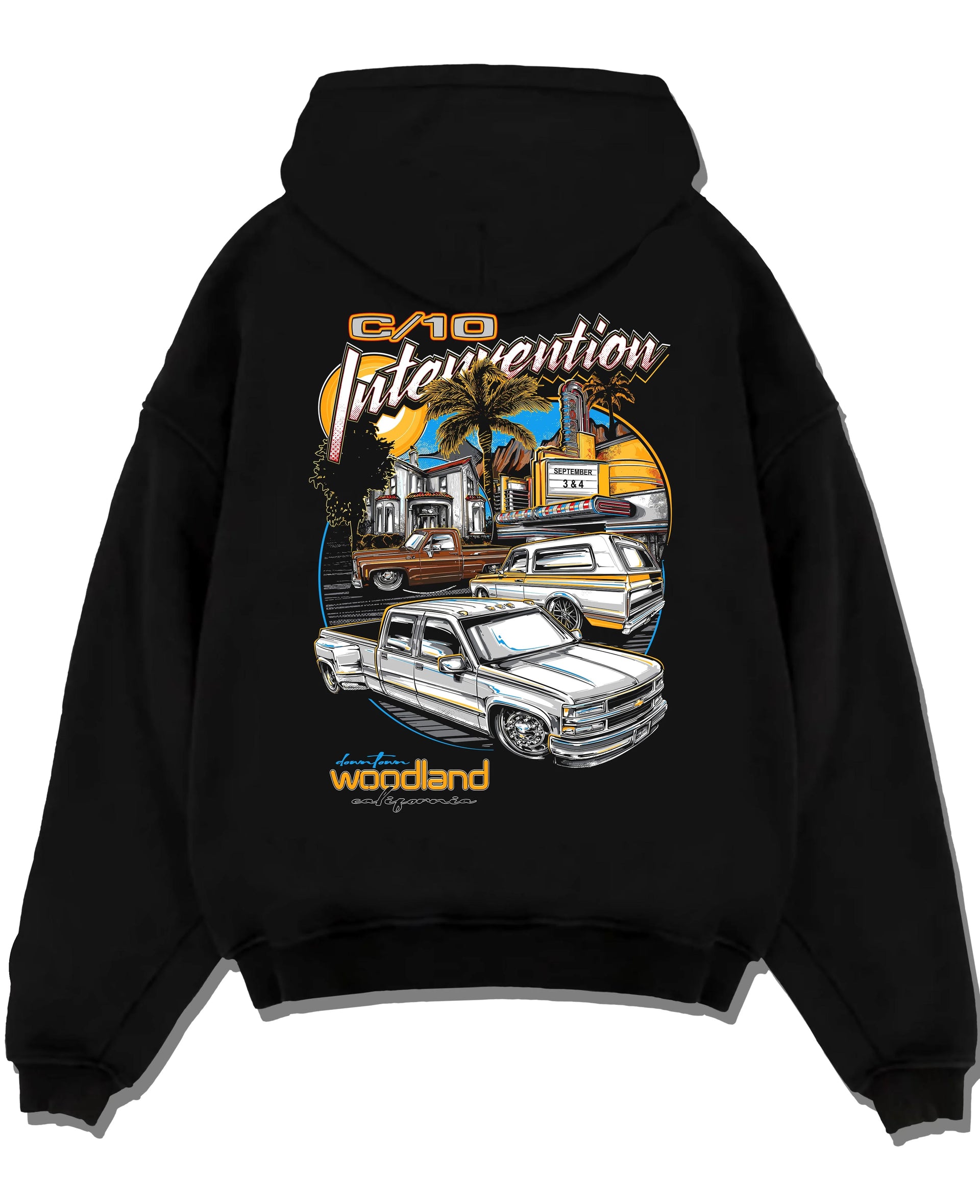 Black pullover hoodie laid flat on a white background, featuring Chevrolet C10 retro vintage classic racing street graphic.