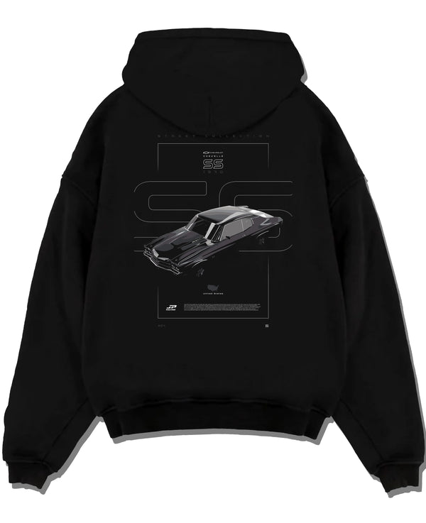 Black pullover hoodie laid flat on a white background, featuring Chevrolet C10 retro classic enthusiast racing street graphic.